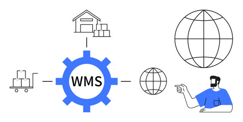 Central blue gear labeled WMS, connected to a warehouse, pallet jack, and two globes. Right-hand figure pointing. Ideal for logistics, automation, global commerce, supply chain inventory management