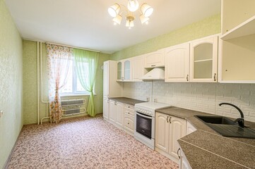 interior apartment kitchen and dining room, refectory area, cooking equipment, table furniture, stove