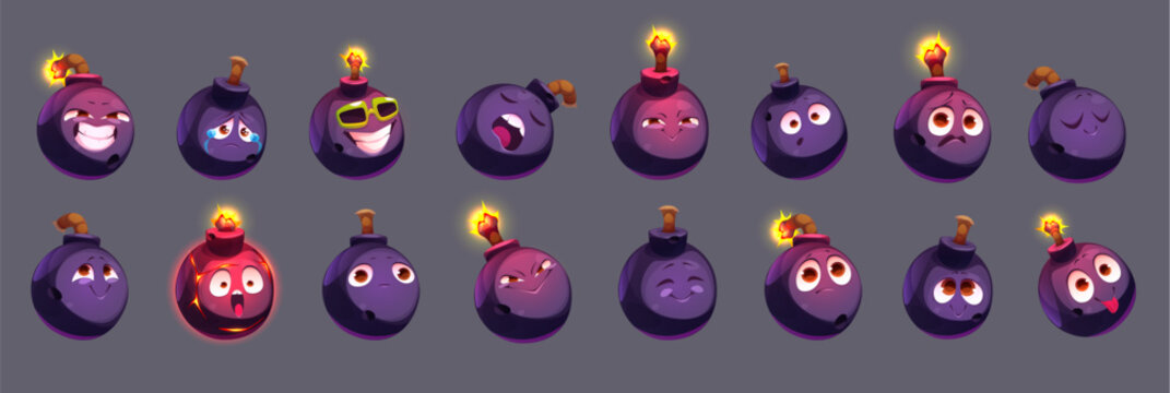 Bomb mascot character with diverse facial expressions - dark round explosive showing happy, sad, cool, yawning, angry, surprised moods. Spherical personage design with glowing fuse on top and face.