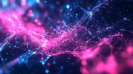 A burst of neon pink and electric blue intersecting in a web-like formation, creating a digital, tech-inspired background.