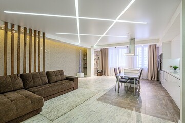 interior apartment kitchen and dining room, refectory area, cooking equipment, table furniture,...