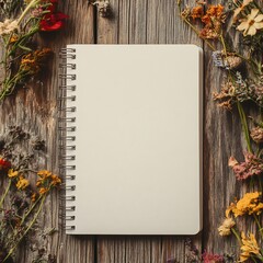 Blank Spiral Notebook Surrounded by Dried Flowers on Rustic Wooden Background