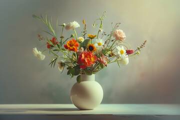 A modern flower vase still life composition showcasing a sleek and elegant vase filled with a variety of fresh flowers