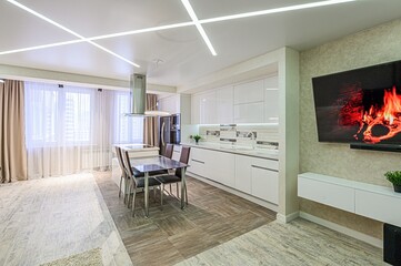 interior apartment kitchen and dining room, refectory area, cooking equipment, table furniture,...