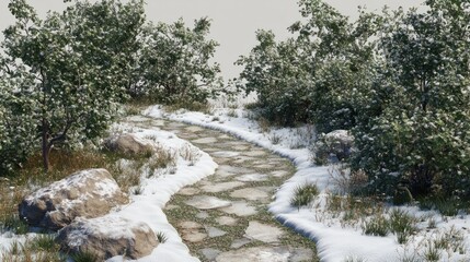 Fototapeta premium A snow-covered pathway winding through a dense forest, isolated on a transparent background