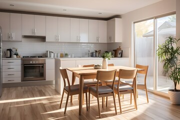 A kitchen with white cabinets and a dining table