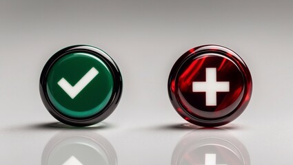 Obraz premium Two glossy buttons one green with a white checkmark and the other red with a white cross