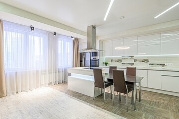 interior apartment kitchen and dining room, refectory area, cooking equipment, table furniture,...
