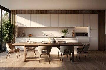 A kitchen with white cabinets and a dining table