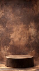 A rustic wooden podium with a matte finish and an empty display space, set against a warm earth-tone background.