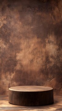 A rustic wooden podium with a matte finish and an empty display space, set against a warm earth-tone background.