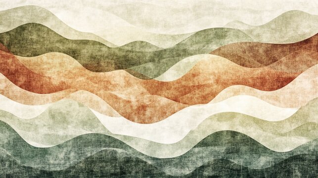 Abstract layered wavy mountain range design with muted earthy colors.
