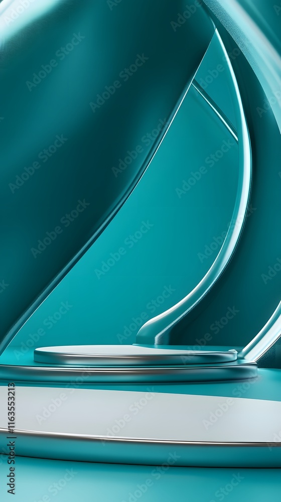 Poster a futuristic podium with metallic curves and a large empty space, set against a bright teal backgrou