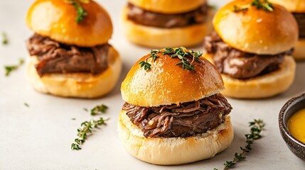 Pot roast served as sliders on mini brioche buns, isolated on a light grey background with mustard dip