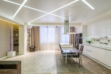 interior apartment kitchen and dining room, refectory area, cooking equipment, table furniture, stove