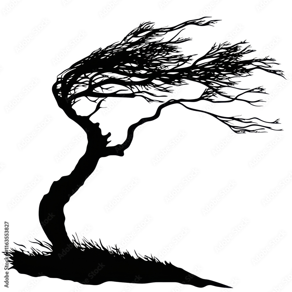 Poster wind-swept tree silhouette, dynamic form of a tree bending in the breeze, transparent background for