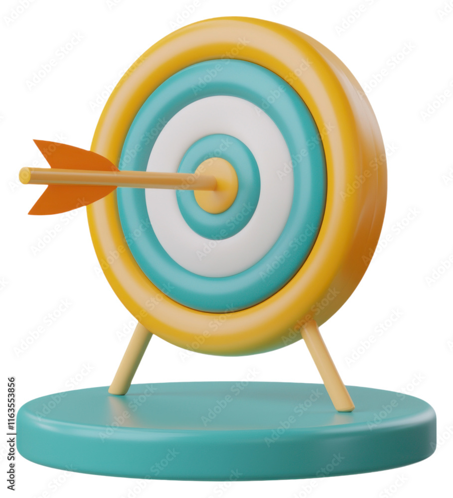 Poster png a 3d colorful target with concentric circles and an arrow embedded in the bullseye, resting on a