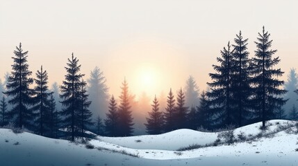 A sparkling winter landscape with sunlit snowfields and tall pine trees, on transparent background