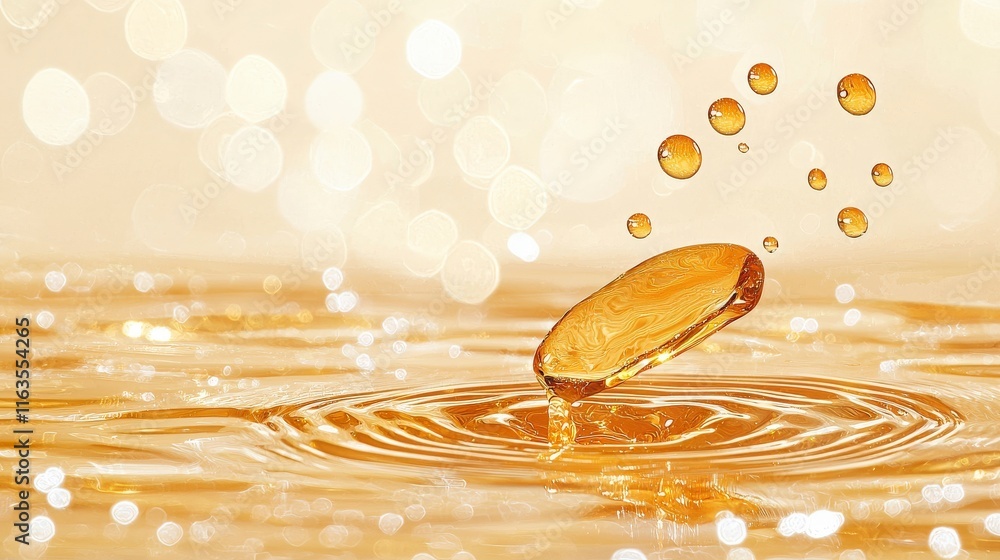 Poster golden droplet splashing in water with soft bokeh background and reflections