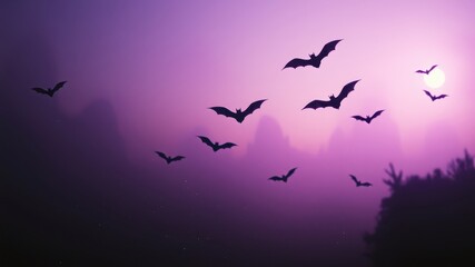 Fototapeta premium Silhouettes of bats flying in a purple twilight sky above a misty landscape