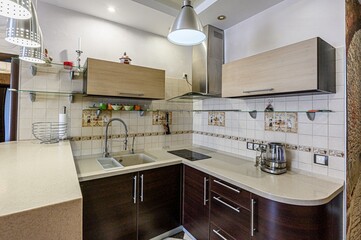 interior apartment kitchen and dining room, refectory area, cooking equipment, table furniture, stove