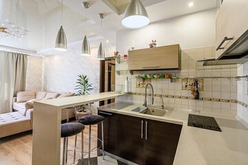 interior apartment kitchen and dining room, refectory area, cooking equipment, table furniture, stove