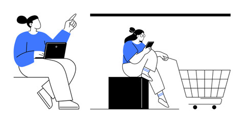 Two seated people using digital devices, one with a laptop and the other with a smartphone next to a shopping cart. Ideal for technology, e-commerce, modern lifestyle, remote work, online shopping