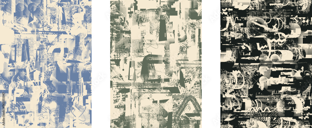 Poster set of posters with glitch distorted grunge texture. poster collection texture with halftone dots, g