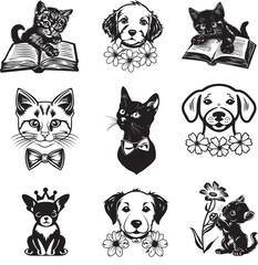Obraz premium cute cat and dog silhouette vector illustration set 