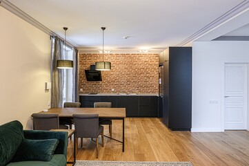 interior apartment kitchen and dining room, refectory area, cooking equipment, table furniture, stove