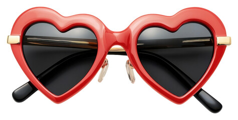 PNG Heart-shaped red sunglasses with black lenses and gold accents.