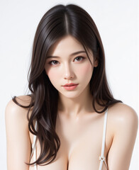 Young Female Model - Beautiful Woman with Perfect Features - Perfect Smooth Skin and Dark Brown Long Hair - Brown Eyes  and Plump Lips - White Bra or Laced Top - Fashion, Cosmetics, Profile Portrait