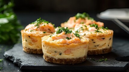 Gourmet mini salmon cheesecakes on a dark background, perfect for adding promotional messages or captions.