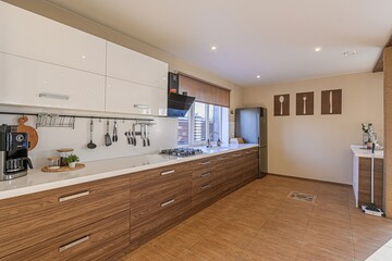 interior apartment kitchen and dining room, refectory area, cooking equipment, table furniture, stove