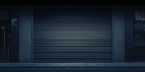 Night Scene of a Closed Shop Front with a Metal Roll-Up Door in a City Setting