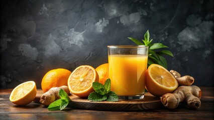 Fototapeta premium Refreshing Citrus and Ginger Drink with Sliced Oranges and Fresh Mint on Rustic Wooden Board