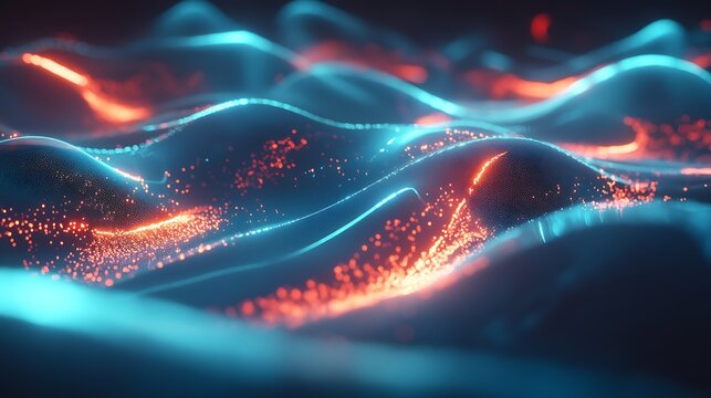 A futuristic background with soft blue neon waves gracefully curling and flowing in the distance, bathed in ambient light.
