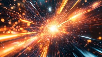 Naklejka premium A futuristic cityscape with a data explosion in the sky, bursting with bright digital lines, particles, and neon colors.