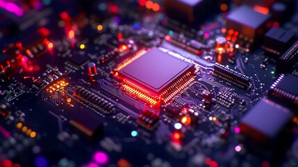 Obraz premium Close-up of glowing circuit board with central processor chip.