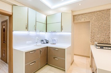 interior apartment kitchen and dining room, refectory area, cooking equipment, table furniture, stove