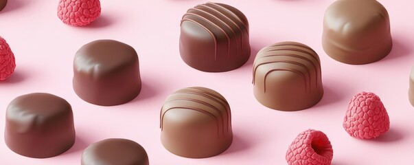 Fototapeta premium Pastel chocolates concept. Delicious assorted chocolates with fresh raspberries on a pink background.