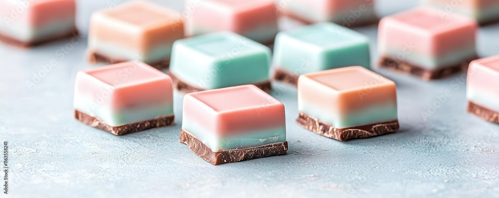 Poster pastel chocolates idea. colorful layered chocolates arranged artistically on a light background.