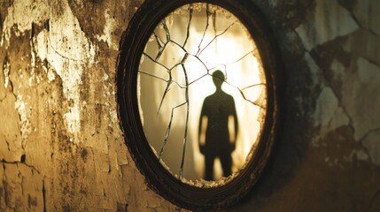 Broken oval mirror reflecting a shadowy figure in a dilapidated room.