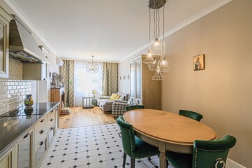interior apartment kitchen and dining room, refectory area, cooking equipment, table furniture, stove