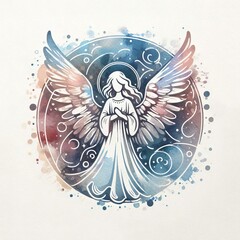 Naklejka premium A serene angel with outstretched wings and a halo, depicted in a celestial and ethereal watercolor style