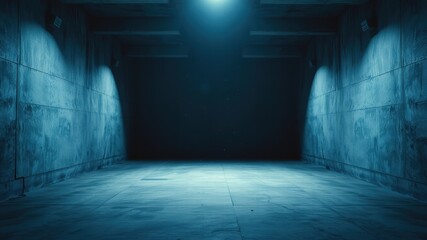 Fototapeta premium Mysterious Dark Blue Concrete Corridor with Subtle Lighting