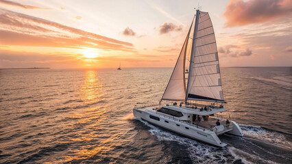 wide-angle sleek catamaran motor yacht gracefully slicing through sparkling ocean, its white sails...