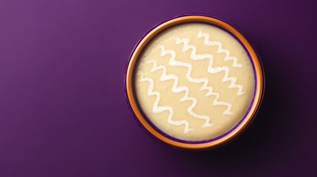 A bowl of celery soup with decorative zigzag patterns of cream, isolated on a deep purple surface