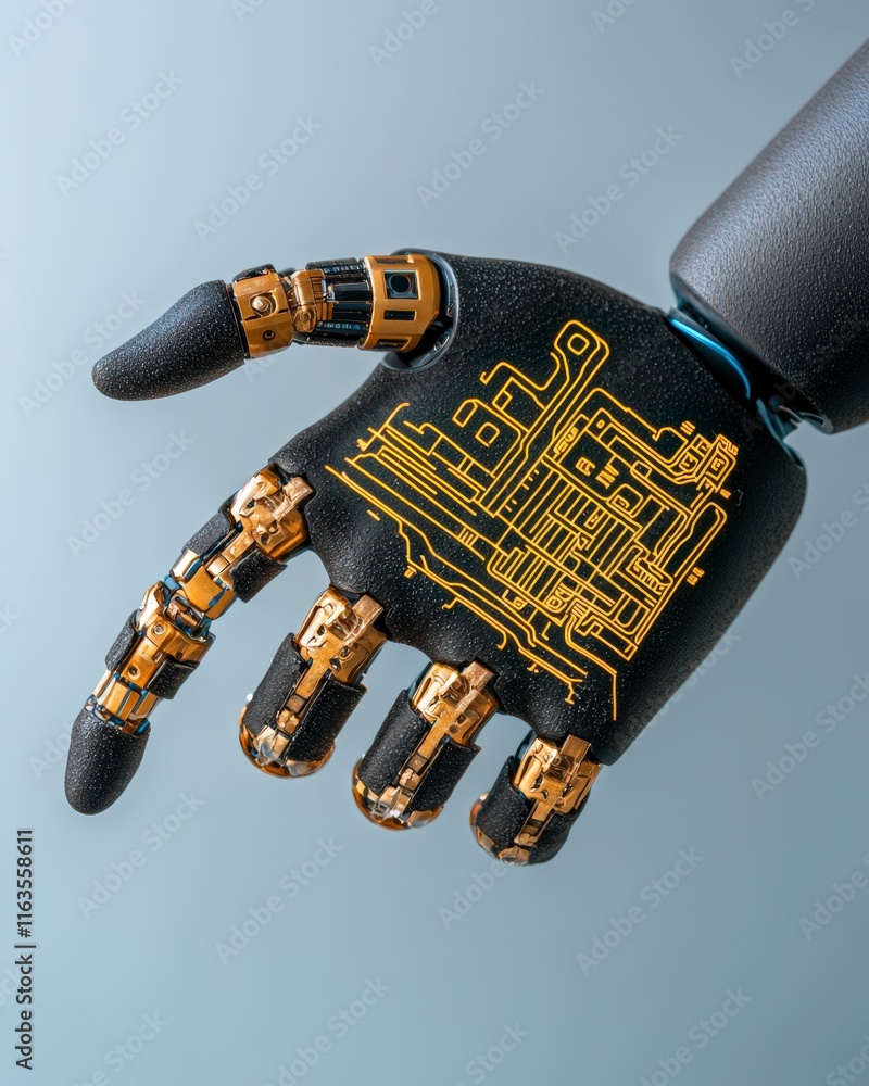 Poster futuristic robotic hand with circuit board design in high-tech aesthetic background