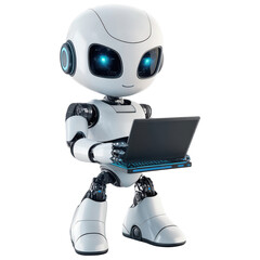 Cute Robot Holding a Computer for Technology Promotion Transparent PNG Background.